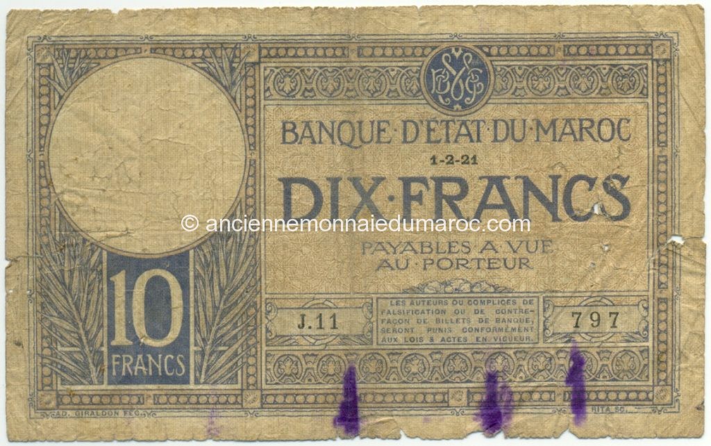 Dix francs – 01/02/1921 – Signature 2 – P11 a